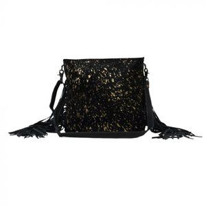 Black Shimmer Hair On Leather Shoulder Bag-Myra Bag Southwest Fringed Crossbody
